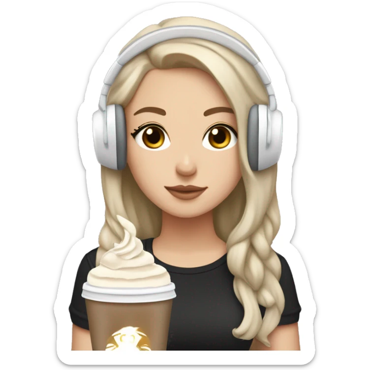 White girl, with black hair, brown eyes, aesthetic clothes, and a frappuccino in hand, with white headphones around the neck sticker