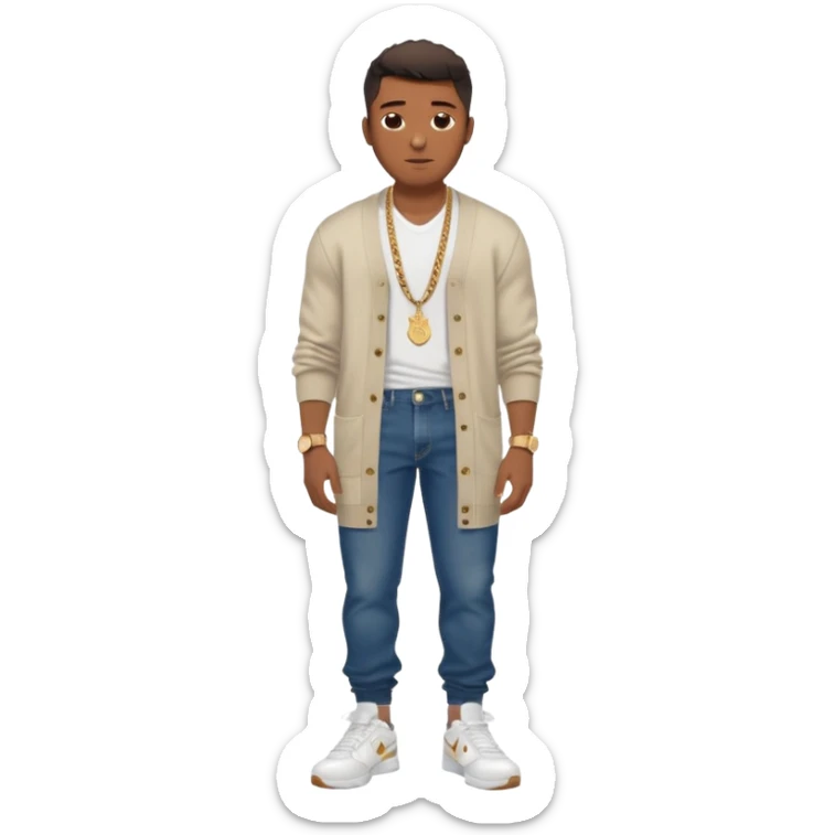 Handsome Black guy with brown skin tone, with muscular build, wearing long baggy dark denim jeans, a white t-shirt, a Burberry cardigan, white Nike sneakers, a gold watch, and a dainty chain sticker