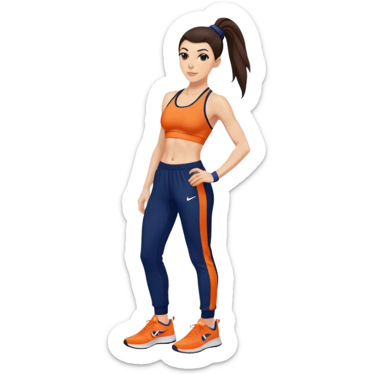 Melanie chisholm with a dark brown high ponytail, wearing an orange sports bra and navy blue track pants with sneakers sticker