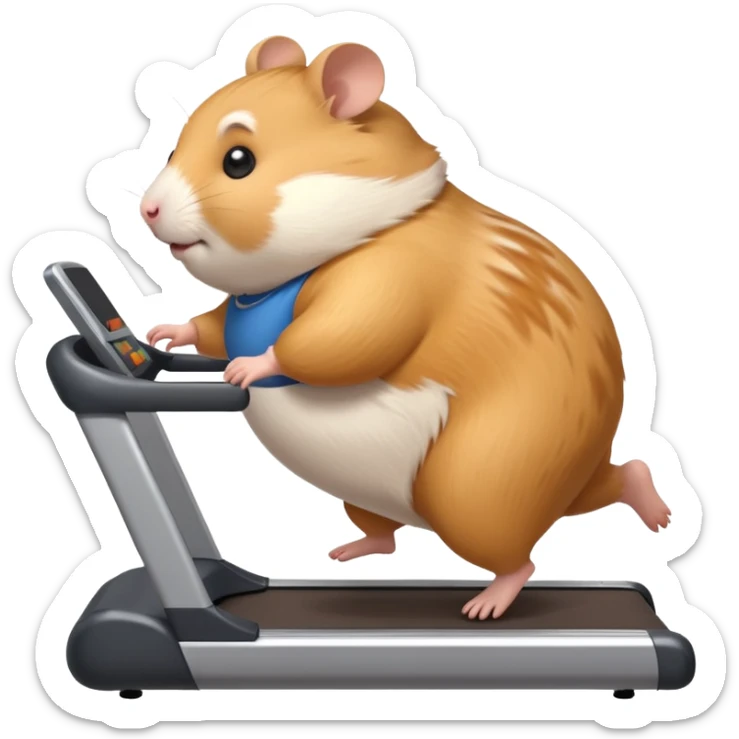 fat hamster big belly trying to run on treadmill sideways desperately trying to catch up with speed sticker