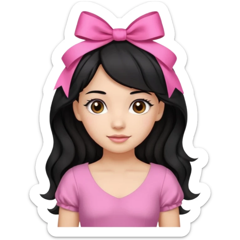 Beautiful girl with black hair in a half-up half-down hairstyle with pink ribbon tying the top half, waves at the ends, brown eyes, light skin, slight smile, and pink dress sticker