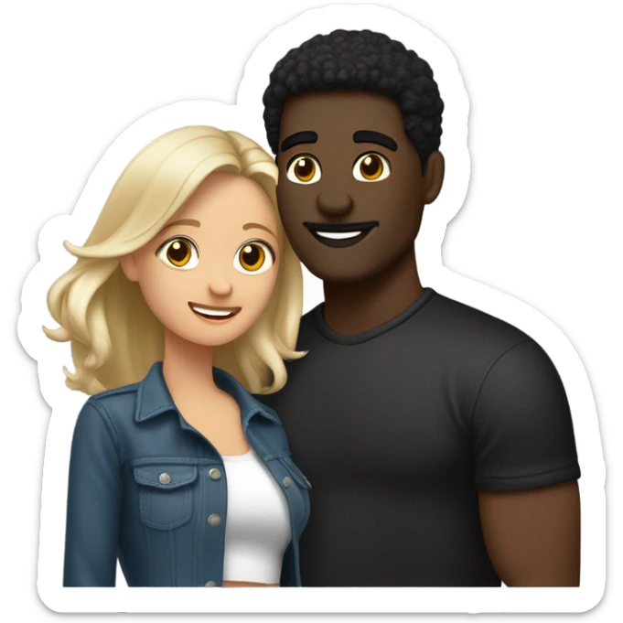 una pareja, el hombre es más alto, el hombre tiene pelo negro   la mujer es bastante más baja, es de piel clara, su pelo es oscuro, sus ojos resaltan por sus pestañas, está usando una blusa blanca y unos shorts negros sticker