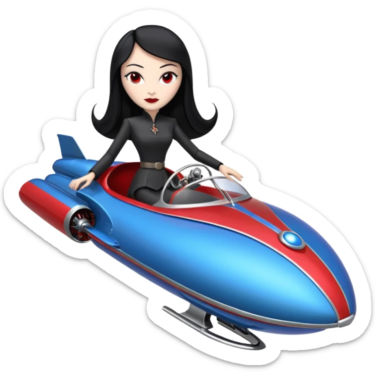 Ultra Jetson’s Jedi teen Morticia Addams flying a chrome accented red and blue Zephyr-J Jumpspeeder anti-gravity repulsorlift powered by an imperial speeder steampunk hypercar  sticker
