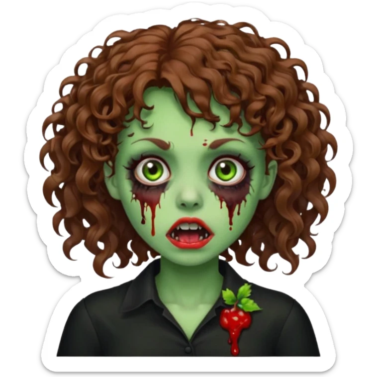 Green zombie emoji girl with curly Brown hair, with curly bangs, wearing a black bluse, blood Just in the tongue  sticker