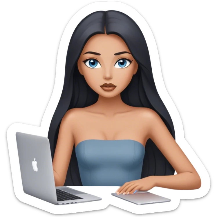 Glamours tanned very beautiful girl with pump nude lips and black straight smooth long hair, blue-grey eyes in strapless bodysuit with one MacBook. sticker
