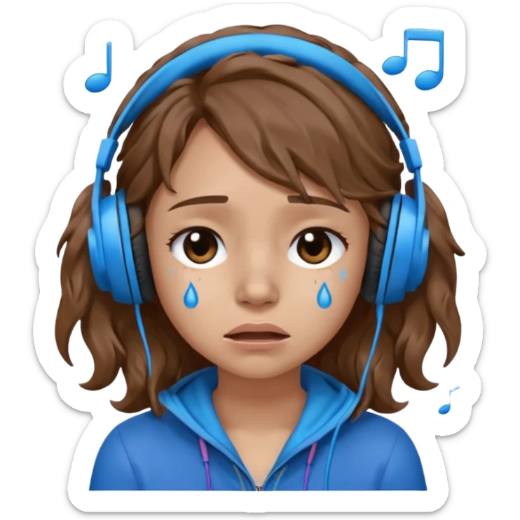 A crying girl with wavy hair listening to music with blue headphones sticker