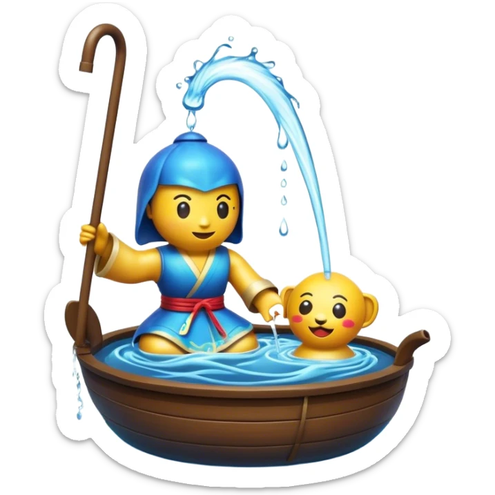 Cinematic Realistic Water Puppetry Pop Culture Emoji, depicted as a whimsical scene of traditional water puppetry rendered with dynamic textures and playful lighting. sticker