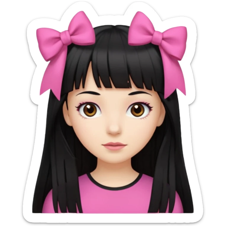 garota branca com cabelo longo, preto e franja reta, olhos castanhos, top preto e laço rosa no cabelo  sticker