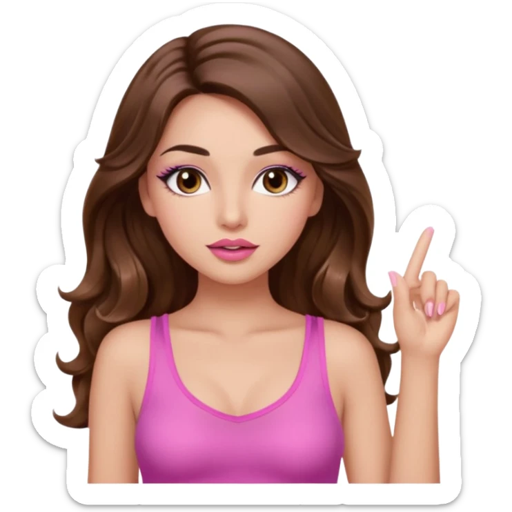 girl with long wavy brown hair, brown eyes, light to medium complexion, in a pink sexy top, pink lips, long lashes, silent motion with the hand one finger up sticker