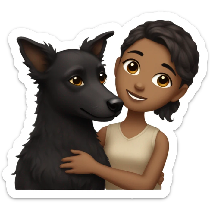 girl with dark brown hair and light brown skin and dark brown eyes cuddling a cute black fluffy kelpie with light brown spots and pointy ear sticker