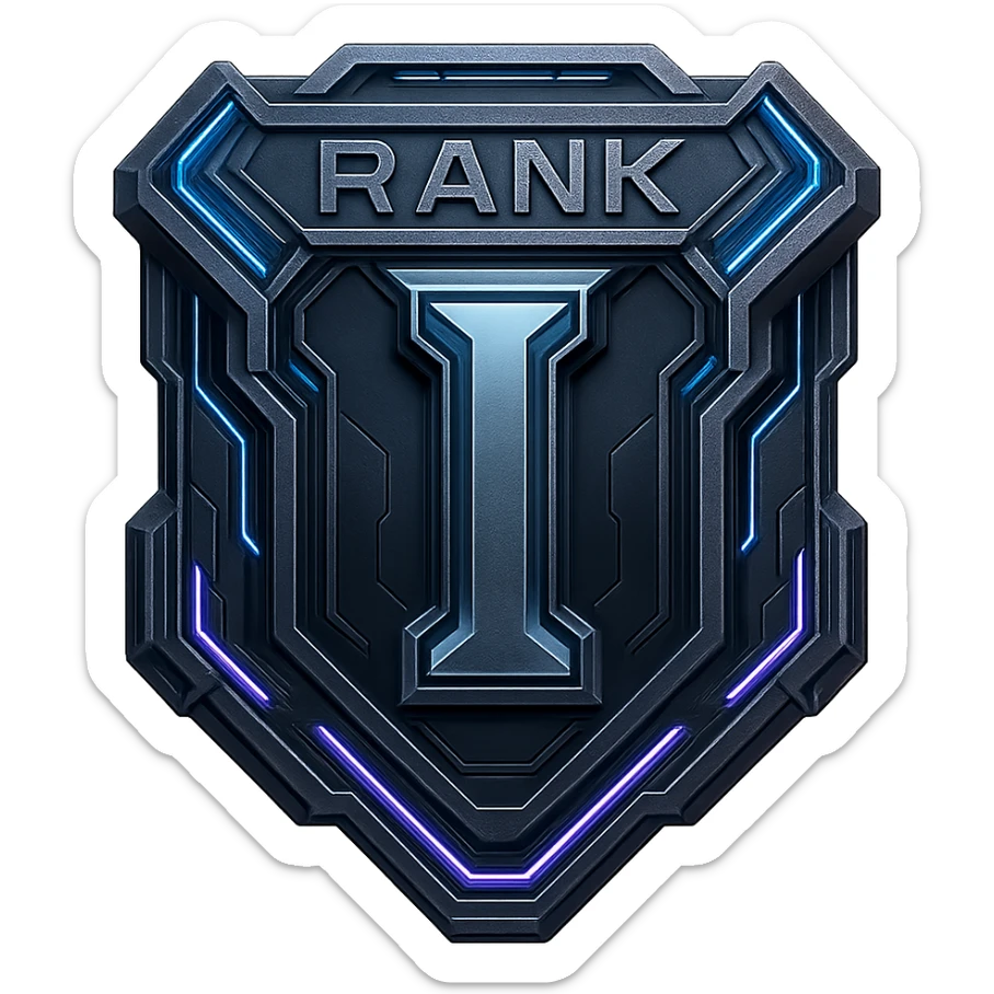 a metal insignia badge for a "rank I", space scifi-futuristic cyberpunk futurepunk sticker