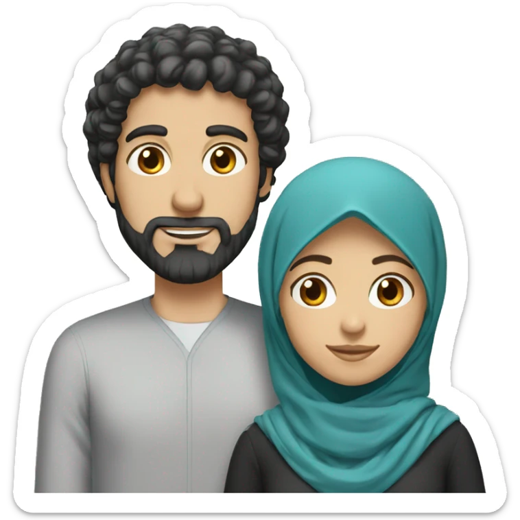 White man with curly black hairs with her wife wear a hijab  sticker