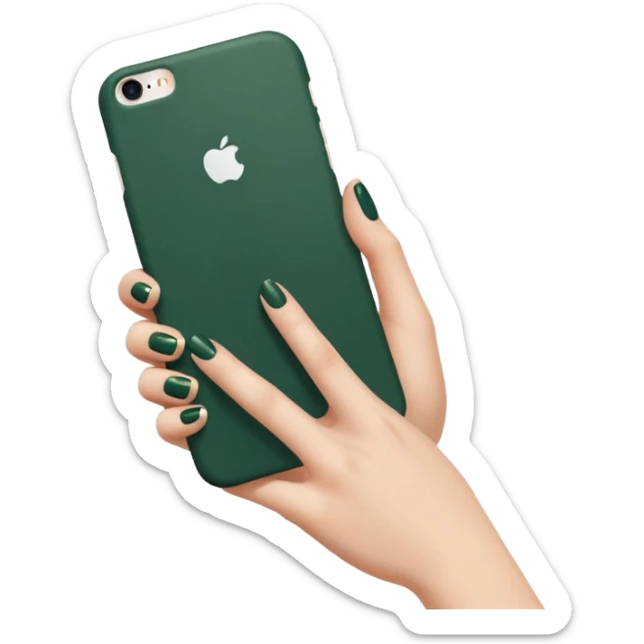 white iPhone with dark green case, female hand with nude manicure holding the phone, slightly side view, emoji style sticker
