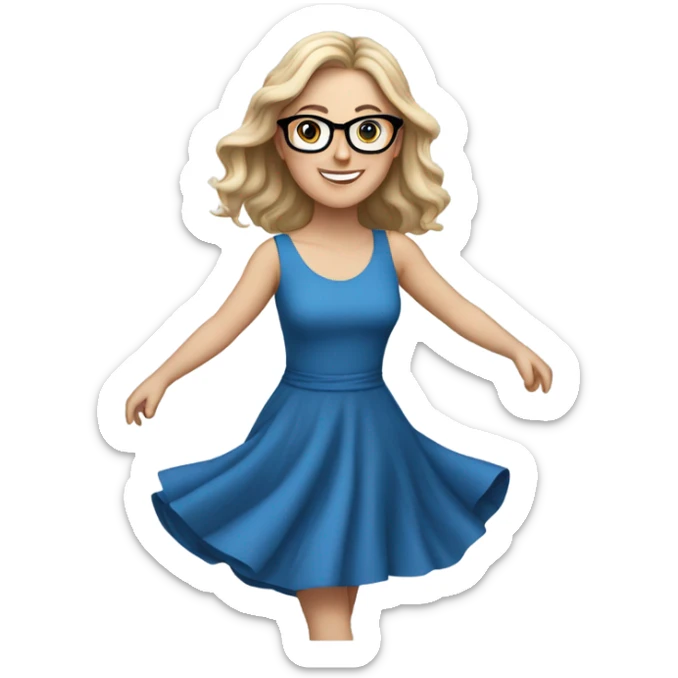 white girl in a blue dress: wearing glasses: dancing and happy  sticker