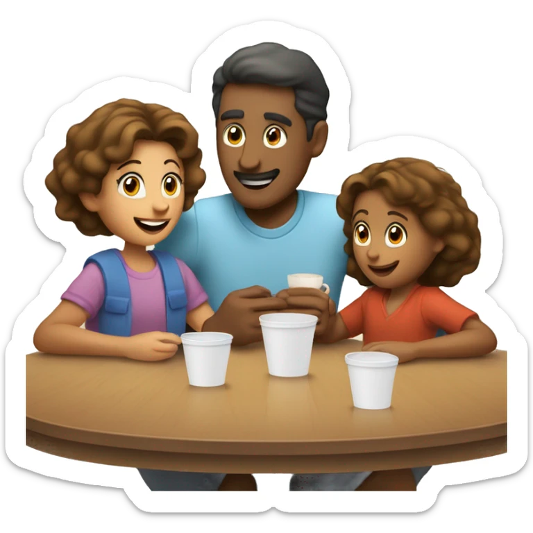 An emoji of a family—mother, father, and child—sitting at a table, playing a cup game with paper cups arranged on the table as they have fun together sticker