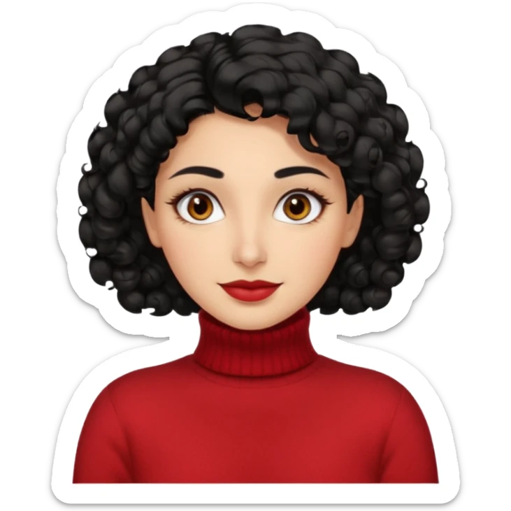 30 yr iranian woman black hair curly wavy short hair, red turtle neck sweater, very thick eyebrows, light skin, dark brown eyes, small smile sticker