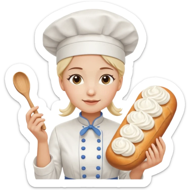 Young female baker - white chef hat, holding cream piping bag to milk oil on bread sticker