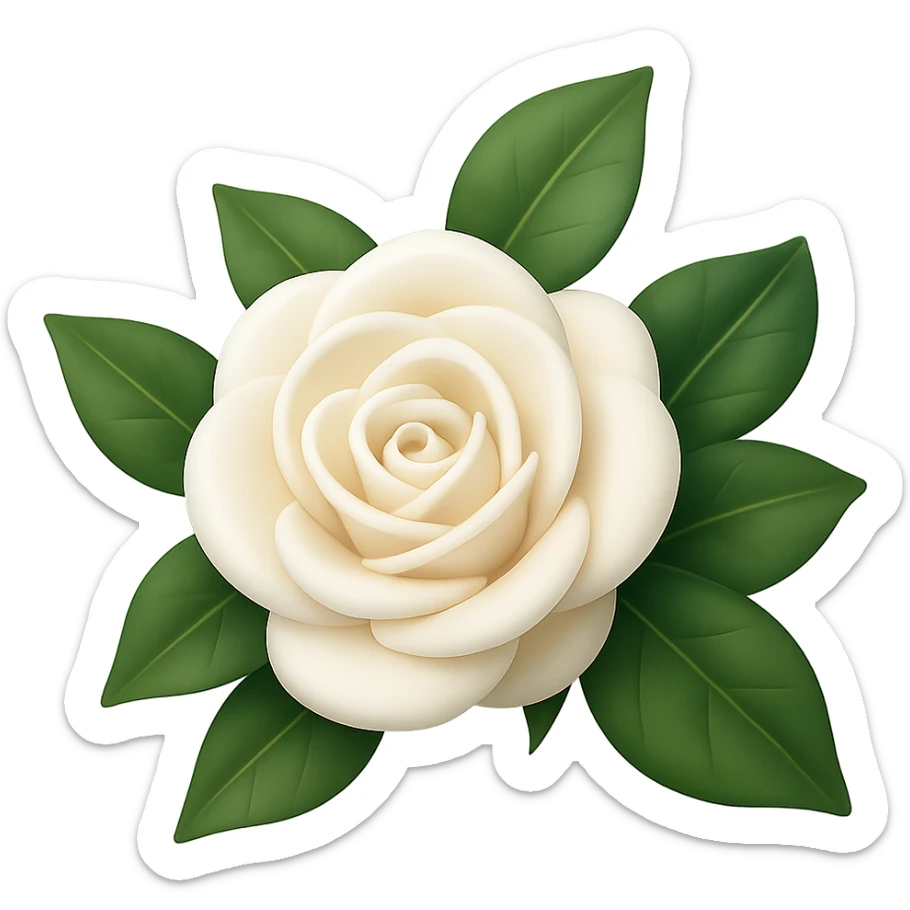 Create a 3D illustration of a white rose with leaves in the style of iOS Apple emoji, featuring volumetric petals and realistic leaves, on a transparent square background. The style should reflect the detailed and polished look of Apple emojis with a 3D effect. sticker