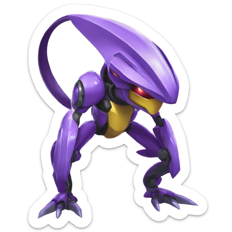 a shiny Genesect-Raptor-Fakémon—hybrid with a futuristic visor-helmet full body sticker