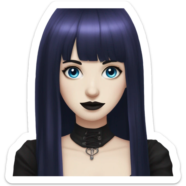 gothic girl, pale skin, blue eyes, long hair, deep dark purple hair, bangs, black clothes, eyeliner, upper lip mole sticker
