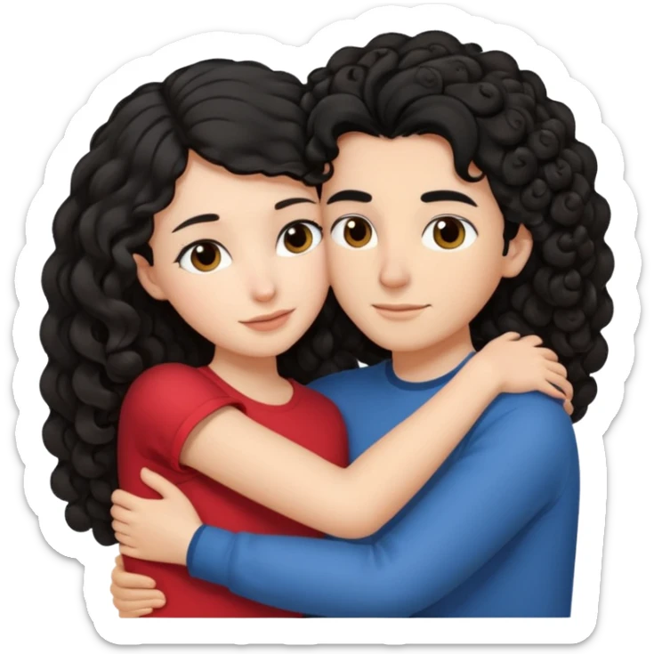 a black haired straight hair hugging with a brunette with curls on her hair on the end  sticker