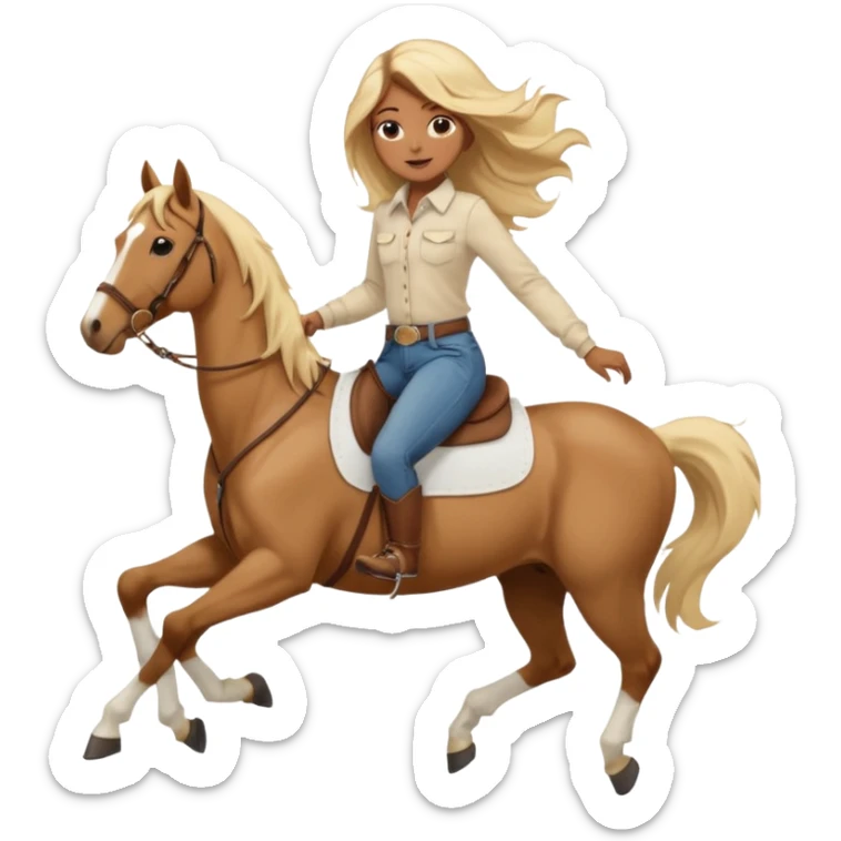 Brown girl with very long blonde/gold hair that’s blowing in the wind wearing a cream colored collared long sleeve shirt and jeans with brown boots on top of a brown horse with 4 legs sticker