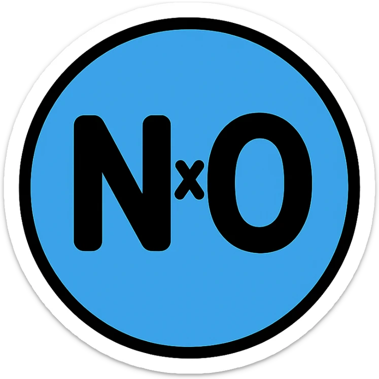 NxO text written in the center of a big round circle with blue background, icon style sticker
