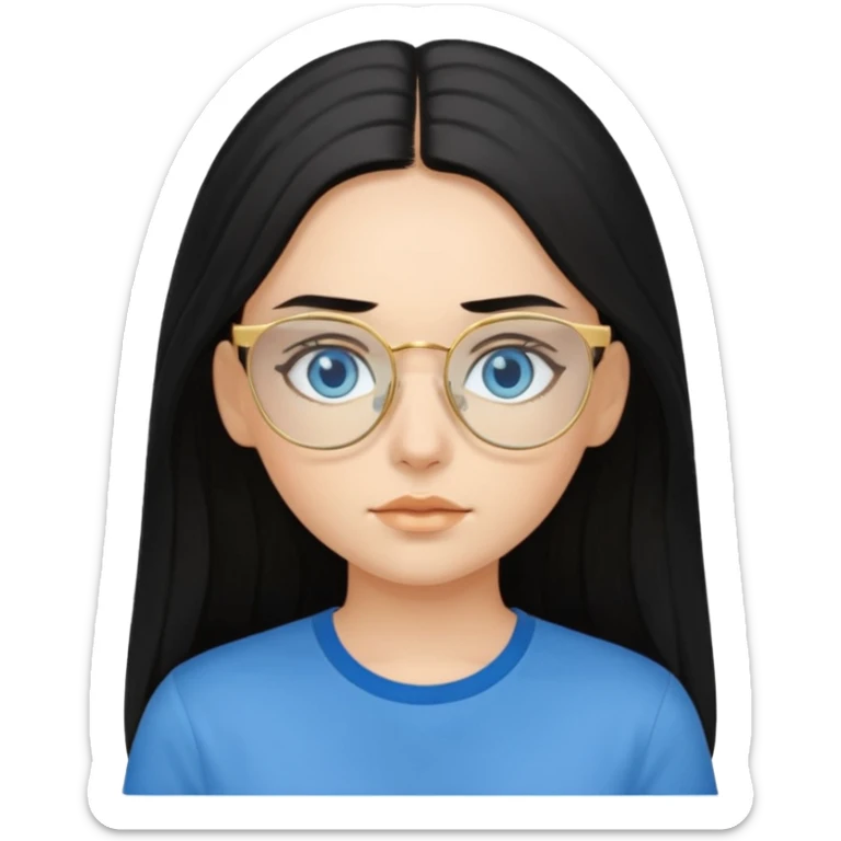 a black haired girl with blue eyes and glasses with blue shirt and long hair and gold glasses sticker