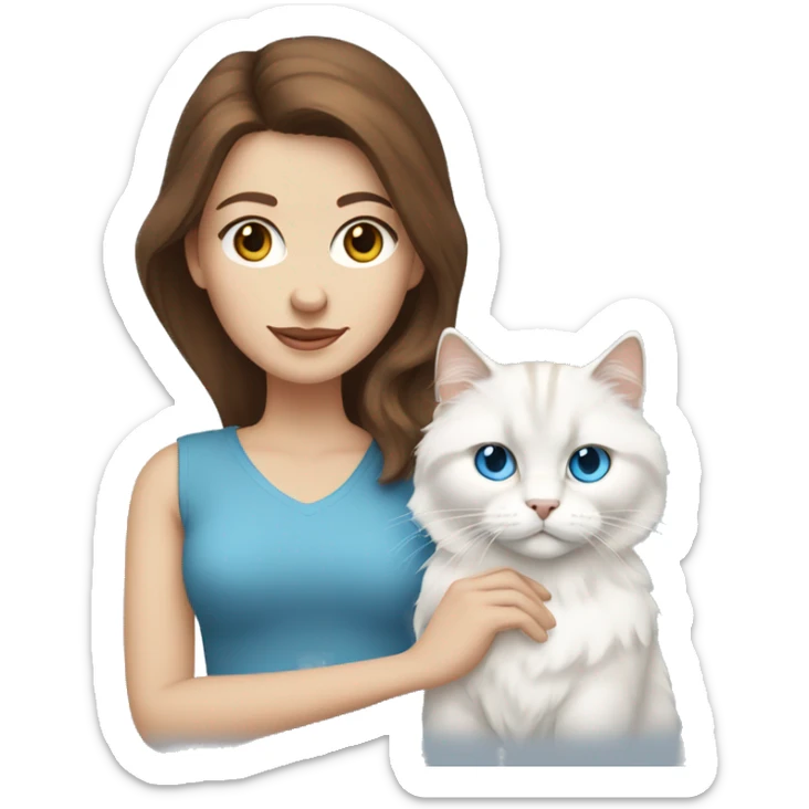 woman with brown hair and holding a all white Siberian cat with blue eyes sticker