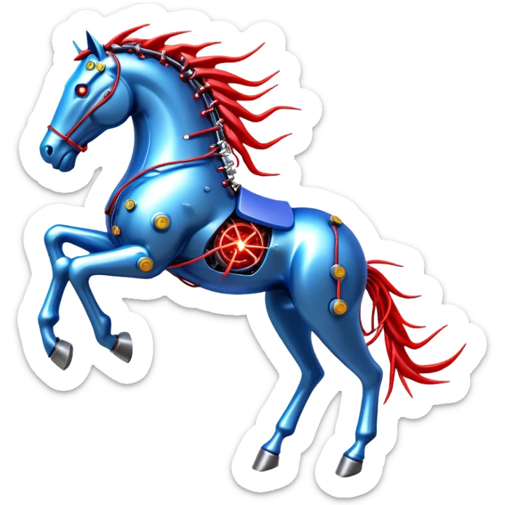 Fast running electric horse made of electricity, metal plates, bolts, blue and red wires, with lightning emanating from its body sticker