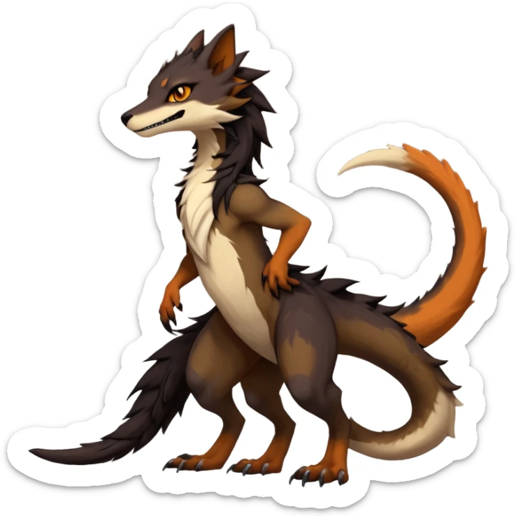 Brown and beige badass elegant wild beautiful natural cute badass epic exotic anthro modern furry 2-legged sergal-vernid-creature, full body, dark-brown-black-gradient pretty hair, with a long tufted tail, beautiful hazel-orange eyes, aesthetic, art by LiLaiRa, art by art by Falvie sticker