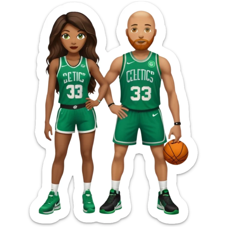 48-year-old black woman with brown eyes, long dark brown balayage hair dressed in sexy 
celtics jersey costume outfit & stilettos with bald white man with ginger beard, and blue eyes, wearing a Jason Tatum Boston Celtics Jersey, matching Nike sneakers  sticker