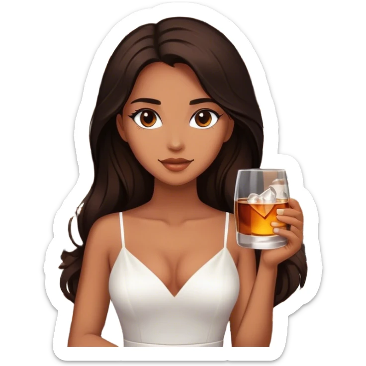 Beautiful woman in 1950’s woman fashion look, white dress, long dark brown hair, whisky with ice sticker
