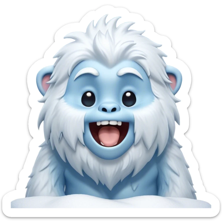 Cinematic Cute Yawning Yeti Portrait Emoji, with a charming, fluffy, snow-dusted figure in gentle whites and cool blues, head tilting back in a wide, endearing yawn with softly closed, peaceful eyes and a content little smile, simplified yet irresistibly adorable, highly detailed with a soft, frosty glow and outline capturing the serene slumber of a yeti! sticker