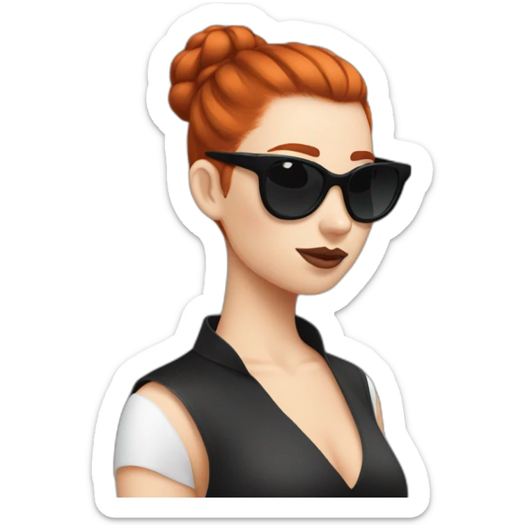 Bad Redhead girl bun Sun glass bun and wearing black with a cockatiel in the shoulder sticker