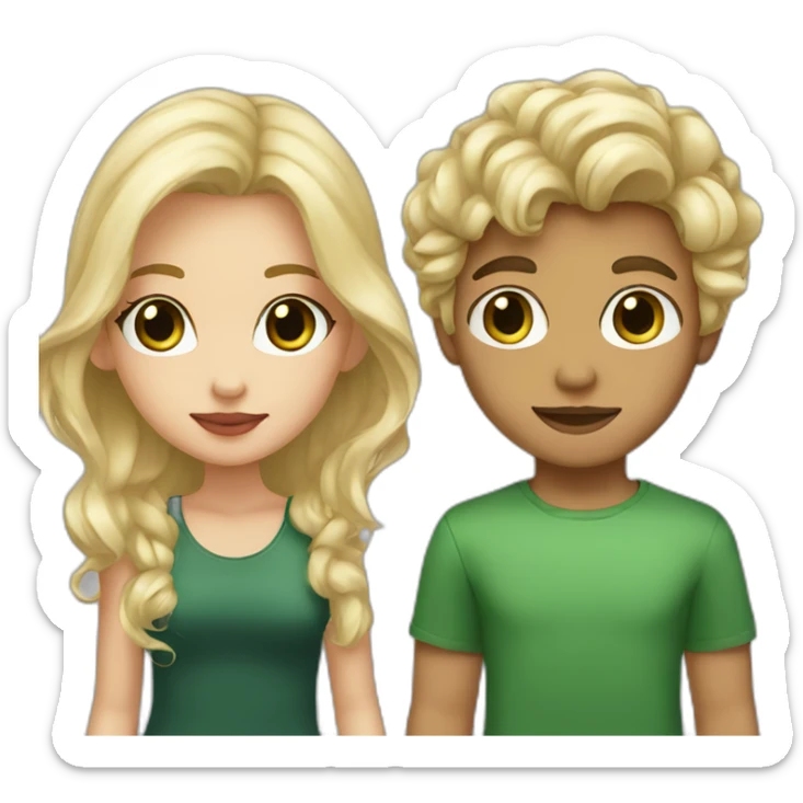Blonde boy with brown eyes holding hands with Blonde girl green eyes wavy hair and tan skin big lips sticker