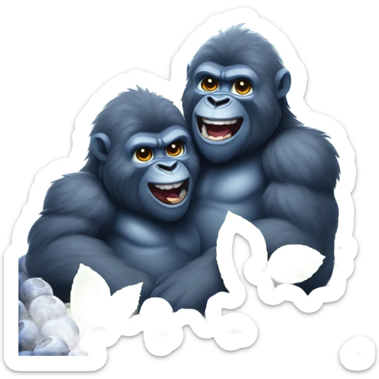 Two joyful blue fluffy gorilla brothers sitting in a mountain of blueberries  sticker