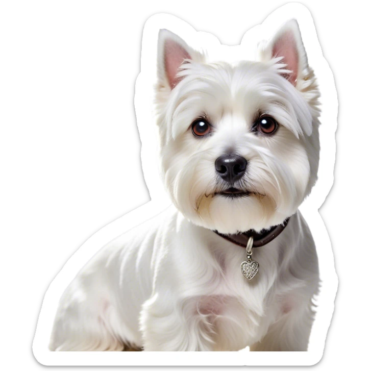 Cinematic Noble West Highland White Terrier Portrait Emoji, Poised and regal, with a compact, sturdy build and a pristine, well-groomed pure white coat, deep-set soulful dark eyes, Simplified yet sharp and sophisticated features, highly detailed, glowing with a soft, dignified glow, high shine, intelligent and loyal, stylized with an air of confidence, focused and attentive, soft glowing outline, capturing the essence of a watchful and determined companion, so majestic it feels as though it could trot out of the screen with effortless authority! sticker