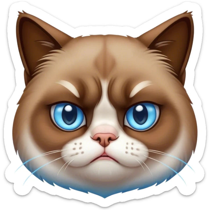 Cinematic Meme-Worthy Grumpy Cat meme Portrait Emoji, Head held high but eyes filled with dramatic disappointment, soft brown fur , white paws planted firmly in defiance, signature grumpy cat frown perfectly etched on its face, icy-blue eyes radiating pure disapproval, Simplified yet hilariously over-exaggerated features, highly detailed, glowing with an aura of supreme annoyance, high shine, exhausted yet judgmental, stylized with an almost regal pettiness, bright but brooding, soft glowing outline, capturing the essence of a feline that has seen it all and is thoroughly unimpressed, so meme-worthy it feels like it could instantly become the next viral sensation of grumpiness! sticker