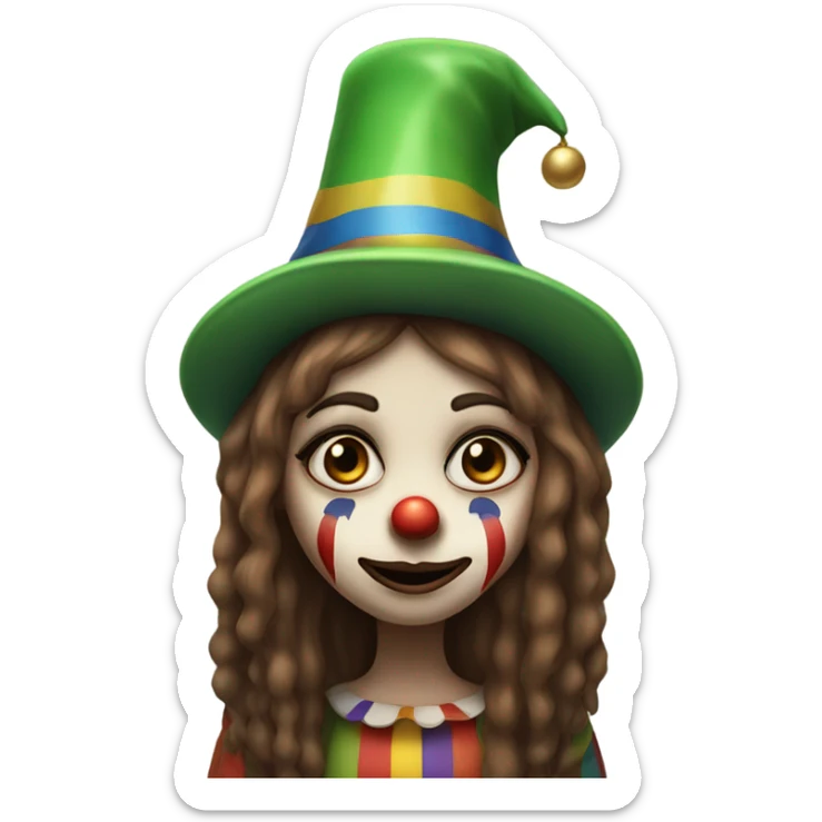 Sad clown girl with clown face paint wearing cap n bells cockcomb jester hat with long straight brown hair exaggerated expression on her face  sticker