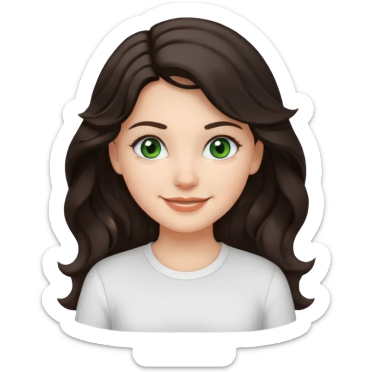A White girl with wavy and dark hair, dark green eyes and a white shirt smiling sticker