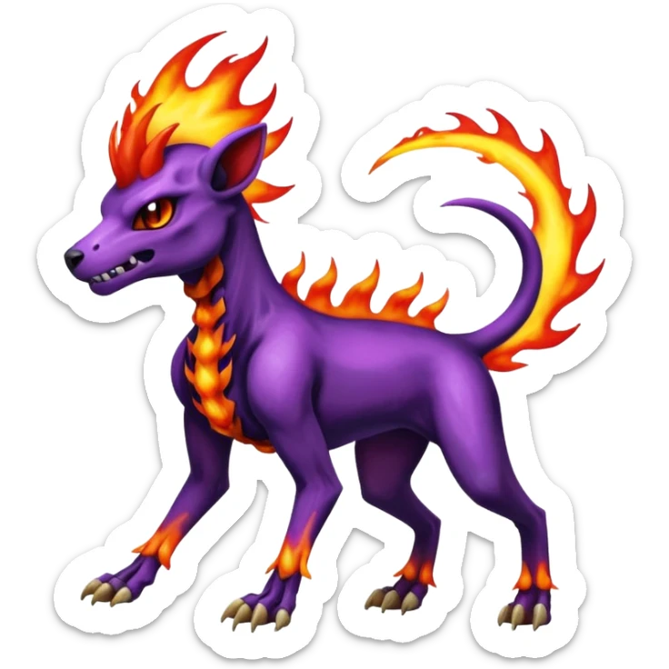 Badass purple skeletal cool shiny Houndoom-Charmeleon-Fakémon-hybrid-creature (full body)  with flamey Mohawk  sticker