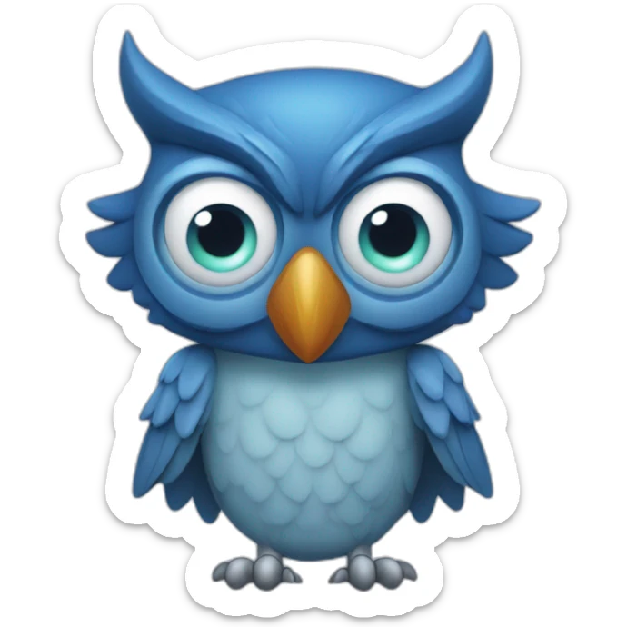 blue owl (hexa color 072a6b) with with devil horns, a wide grin, and eyes and eyebrows scrunched downward, looks angry, cartoon sticker