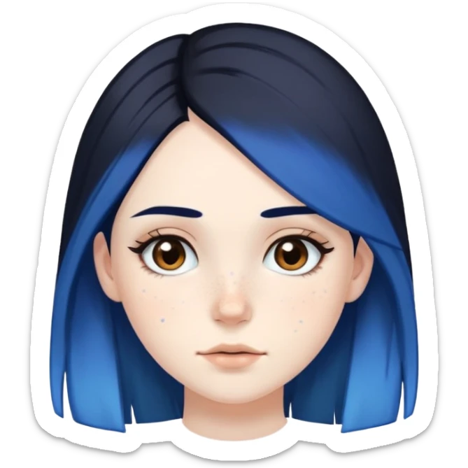 Pale girl with brown eyes and freckles, black hair, with two strips of blue hair sticker