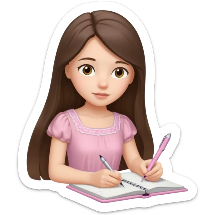 white brunette girl long hair with hazel eyes in a light pink dress writing in a notebook sticker