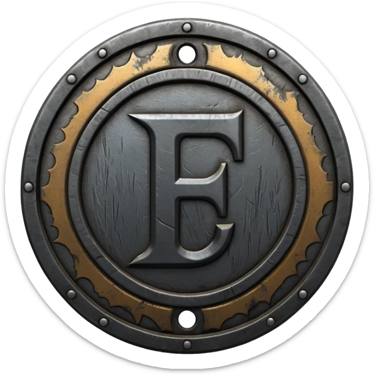 Minimal emoji, gothic metal coin made of black steel, engraved number f at the center, ancient industrial aesthetic, worn metal texture, no glow, no neon, flat emoji design, centered, transparent background sticker