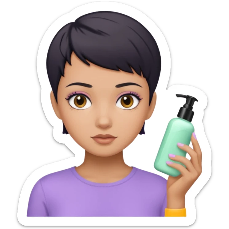 tan girl with pastel purple shirt with black hair & a pixie, doing her skin care sticker