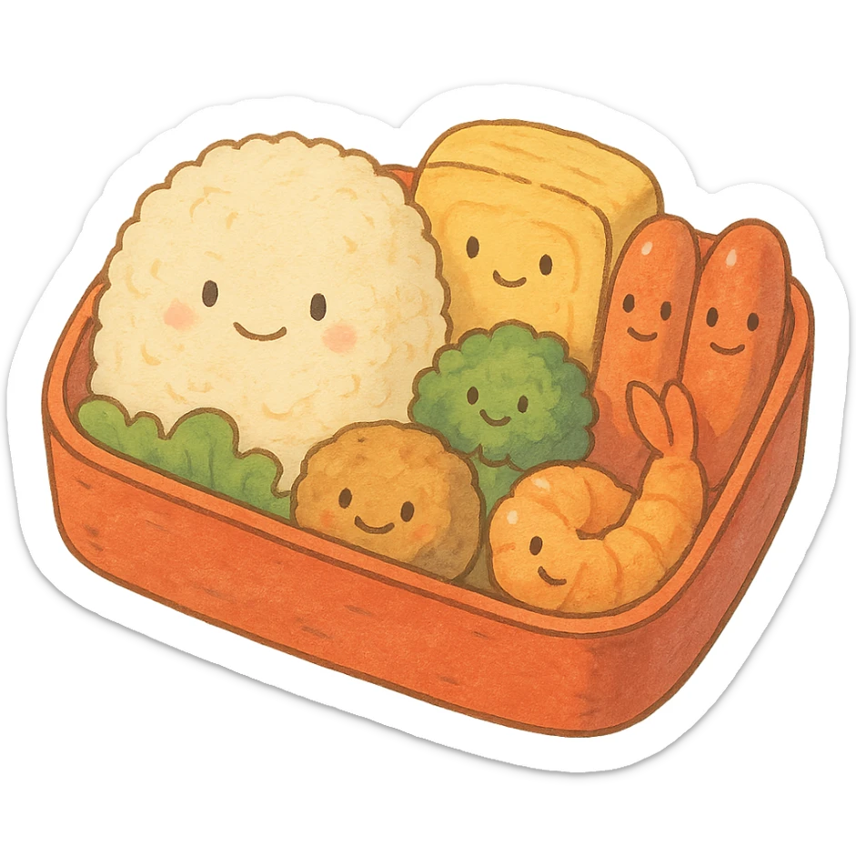 Japanese style bento box with cute food faces, soft pastel kawaii hand-drawn style, full object sticker