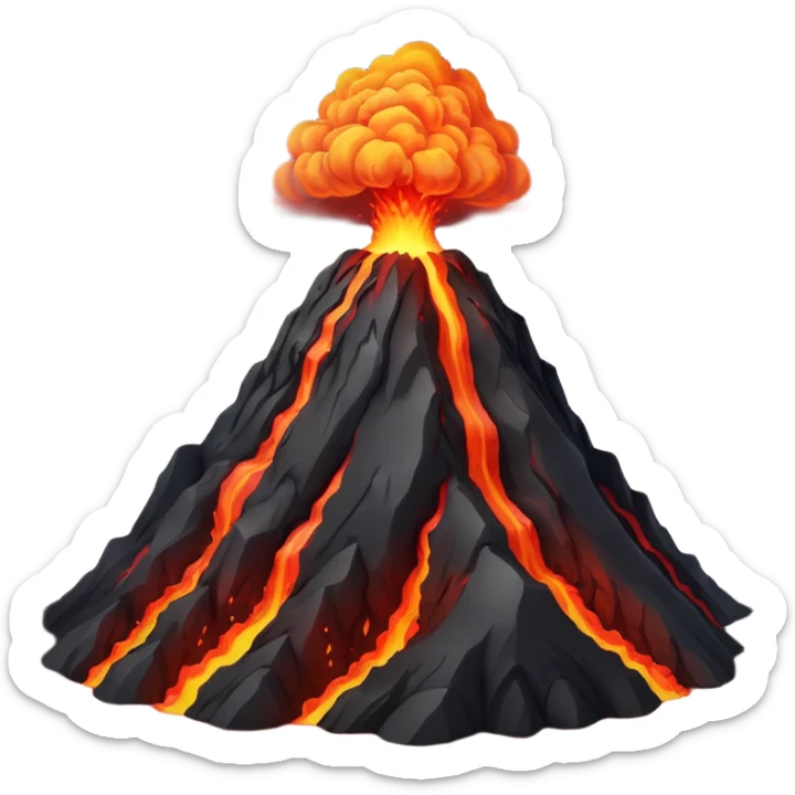 Apple-style 3D emoji of an erupting volcano, dark rocky mountain with a bright red lava flow and glowing orange eruption at the top, some smoke coming out, colorful and cartoonish but realistic enough, no background sticker
