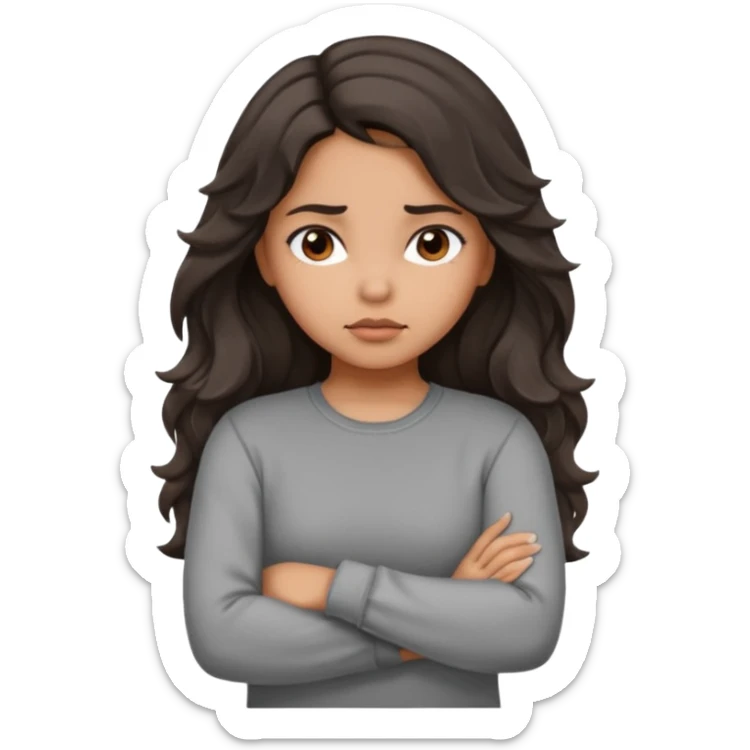 Hispanic girl with long dark brown wavy hair arms folded and  pouting. Gray long sleeve sticker